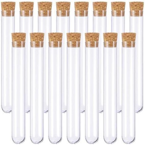 Pair Ensemble de 15 tubes à essai en plastique transparent, tubes à essai en plastique, flacons en plastique, tubes à essai de laboratoire, avec bouchons en liège, adaptés aux plantes, bonbons, épices (1/4)
