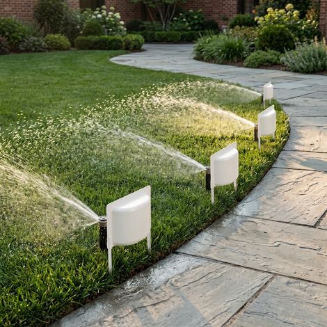 4 Pcs Sprinkler Guard, PP Lawn Sprinkler Head Protector with Stakes  Overspray Control Shield with 10.04" Stakes for Lawns, Gardens, Parks and Irrigation Areas (1/5)