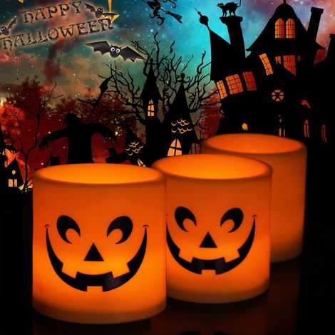 Set mit 6 LED-Kürbislaternen für Heimdekoration, Halloween, kreative Simulation, Druck, elektronische Kerze mit Smiley-Gesicht (1/4)