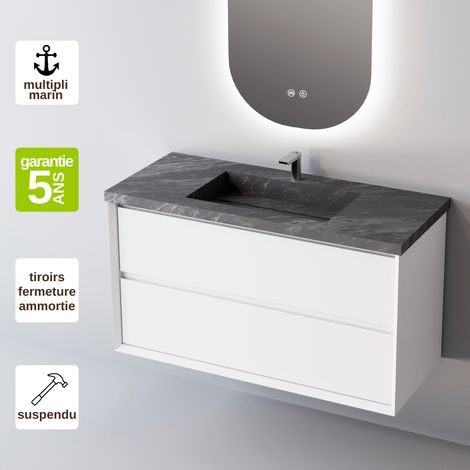 Meuble de salle de bain plan vasque Grès Cérame Noir Allure, 2 Tiroirs,l60xh54xp45, Laqué Blanc Mat, COOL (1/5)