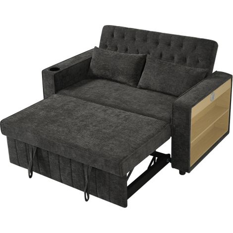Canapé convertible 2 places en chenille avec ports usb, porte-gobelet et 2 coussins, gris