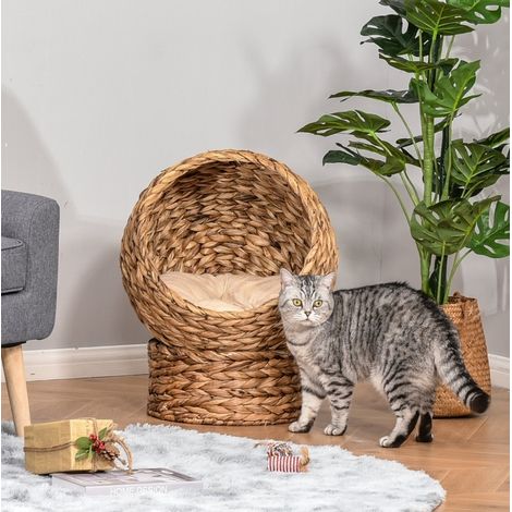 Cestino per gatto in giacinto d’acqua con cuscino rimovibile, 50 x 42 x 60 cm, marrone chiaro