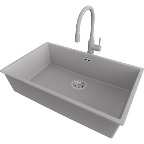 PRIMAGRAN Evier Sous Plan 76x47cm,Evier en Granit 1 bac + Robinet 38x14cm + Kit de Vidage, Évier au meuble 80cm - London, Gris (1/5)