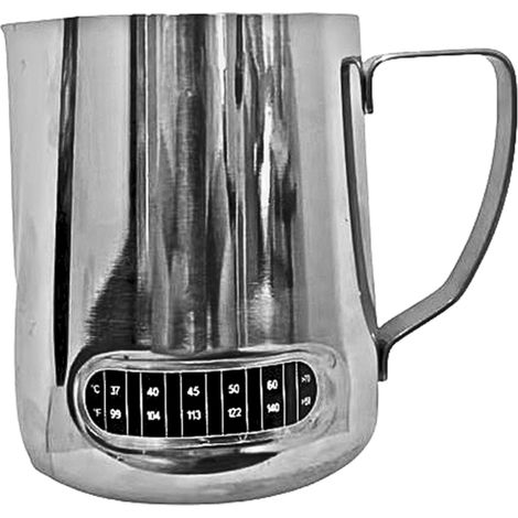 Pichet à mousser le lait 600 ml avec thermomètre intégré, idéal pour le latte art, les baristas et les cafés à domicile, en acier inoxydable.