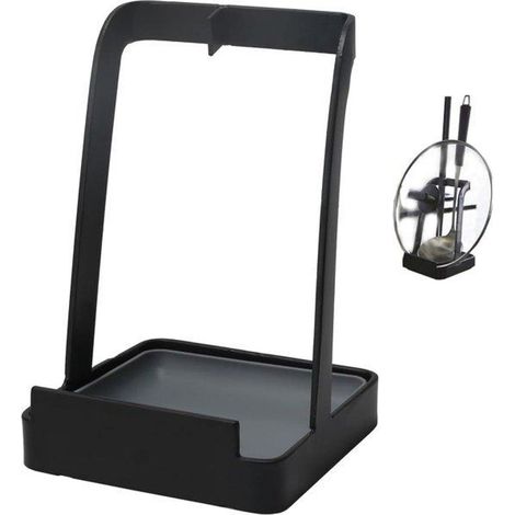Couvercle multifonctionnel métallique et porte-cuillère, noir, porte-cuillère inclus.