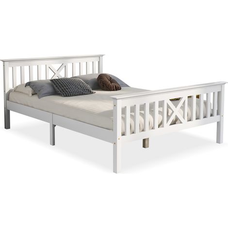 Lit double bois 140×200cm pin massif blanc,cadre lattes,tête de lit,lit pour enfant et ado,structure solide et design classique