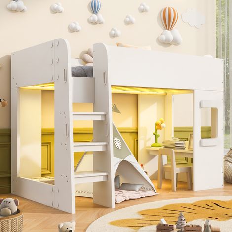 Letto a soppalco in legno 90x200 cm con scrivania e striscia led - letto per bambini ragazzi con barriera di sicurezza - rete a doghe inclusa - mdf - bianco (1/5)