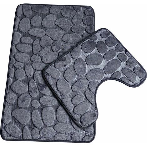 Set of 2 Non-Slip Bath Mats, Soft Bathroom Pedestal Mats, Absorbent Toilet Mats, U-Shaped Toilet Contour, Machine Washable, Grey