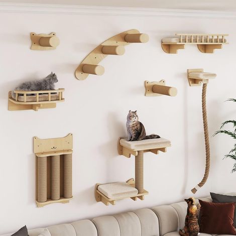 Ensemble Mural d'escalade pour Chat en Bois Naturel, 8 pièces Robustes avec griffoirs, Plate-Forme pour Chaton, Corde en sisal de 100 cm et lit pour Dormir, Jouer et se détendre (Bois Naturel (1/5)