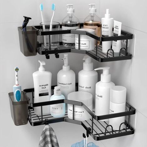 Mensola angolare autoadesiva per la doccia, per organizzare il bagno, in acciaio inox, 2 pezzi, nera, con 4 ganci e porta dentifricio. (1/5)