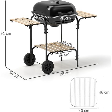 Barbecue à charbon en acier, chariot avec couvercle verrouillable, grille de cuisson, roues, poignée, étagère en bois, 98 x 54 x 91 cm, noir (1/5)
