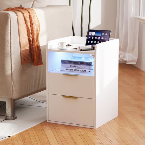 Table de Chevet Connectée 60x40x40 cm avec Prises Intégrées, LED RGB Variateur, 2 Tiroirs, Meuble de Nuit - Table de Nuit pour Chambre, Salon - Scandinave - Blanc (1/5)