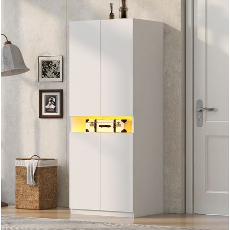 Armoire de rangement 2 portes avec penderie et niche LED, 70 x 55 x 180 cm, blanc HAVRYA (1/5)