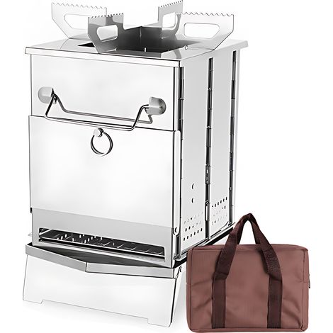 Poêle à bois de camping portable, petite tente pliable en acier inoxydable avec support plaque à cendres, base stable amovible, sac de rangement pour poêle à bois. (1/5)