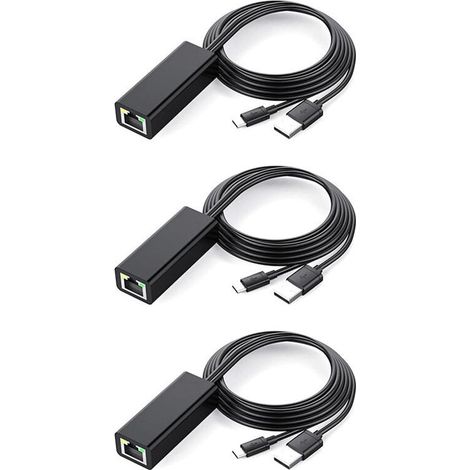 3X Adaptateur Ethernet avec Cable D'Alimentation pour TV Stick (2Nd Gen), 4K Stick, TV Square, Adaptateur LAN Filaire Micro-USB Vers RJ45, Noir (1/5)