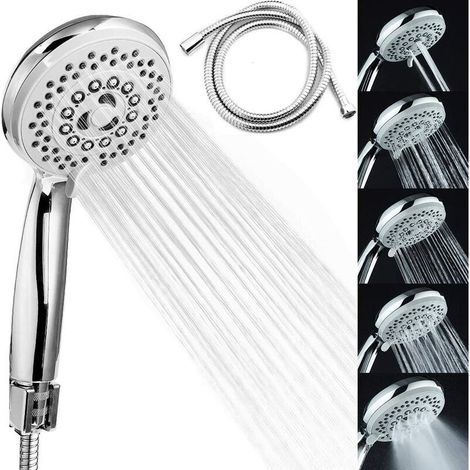Pommeau Douche + 2M Tuyau de Douche, Douchette Pommeau Douche Anti Calcaire Accessoires Universels 5 Modes Haute Pression Economie d'eau, ABS+Acier Inoxy Douche Salle de Bain (1/5)