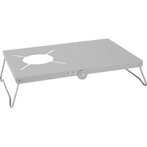 Table de camping pliante ultralégère en acier argentée, idéale pour réchaud d'extérieur. (1/5)