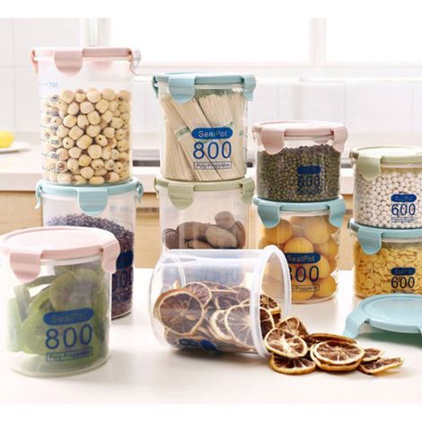 Contenants hermétiques transparents en plastique pour aliments, céréales, haricots, noix, boîte de rangement (bleu, 600 ml) (1/5)