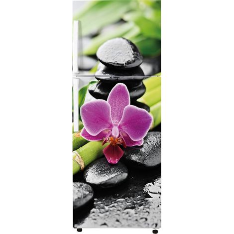 Stickers Frigo - Bambou galets orchidée - 65x150 cm - Idéal pour frigo 55x150 cm - Adhésif BRILLANT (1/2)