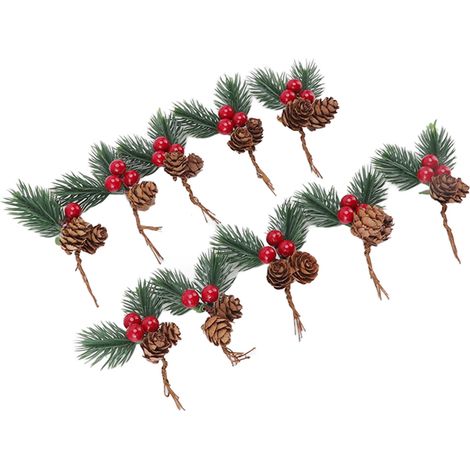 10 pièces décorations de Noël artificielles délicates, pommes de pin et baies rouges, épingles à aiguille (1/5)