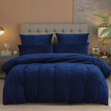 Housse de Couette Flanelle 220x240 Hiver Chaude Bleu Foncé Polaire Parure de Lit Flanelle Doux Douillet Duveteux Linge de Lit 2 Personne avec Fermeture Éclair et Taies d'oreiller 65x65 cm (1/5)