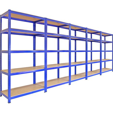 5 Estanterías de almacenamiento azules con conectores de bahía y mazo gratuitos  90x45x180cm  Capacidad de peso: 280kg x estante   Acero  Fácil de montar sin necesidad de tornillos