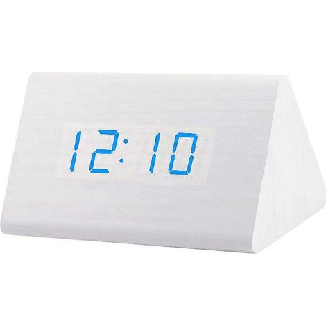 Réveil numérique en bois avec veilleuse LED USB, thermomètre et affichage LED, Qinhai, bois blanc bleu (1/5)
