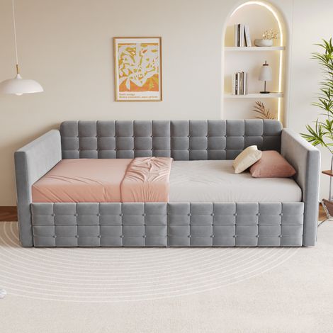 Lit rembourré convertible en canapé 90 x 190 cm, motif à carreaux classique sur toute la surface, rangements latéraux, deux tiroirs sous le lit, pour invités ou lit simple, tissu velours, gris (1/5)