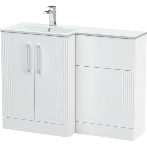 Belvide Retro Partially Fluted Floor Standing 2 Door Vanity WC Combination Unit and Stone Basin, Left Hand, 1100mm, Satin White (1/4)
