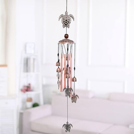 1 Carillon éolien tortue, 4 tubes métal 27,9 cm, design bronze, décoration jardin intérieur extérieur