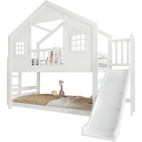 Lit superposé avec toboggan pour enfant, lit enfant, design exquis avec fenêtres et toit, sommier à lattes et marches stables, pin + MDF + contreplaqué, blanc, 90x200cm