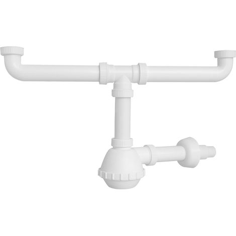 Schläfer 4395302 Sifone Universale a Fiasco salvaspazio per Lavelli a 2 vasche 1"1/2 - Uscita Diam 40mm x L. 250 mm, Scarico Lavandino a due vie con Rosone, Bianco