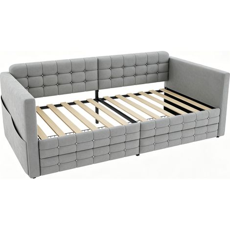 Cama capitoné 90 x 190 cm de terciopelo gris claro con cajones y bolsillos (1/5)