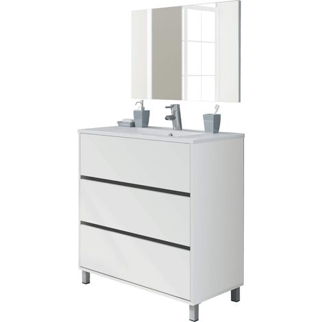 Ensemble meuble de salle de bain avec lavabo en céramique et miroir inclus, 3 tiroirs, largeur 80cm, avec pieds, Chêne Cambrian, pour lavabo encastré, style Moderne, modèle Kalma (1/5)