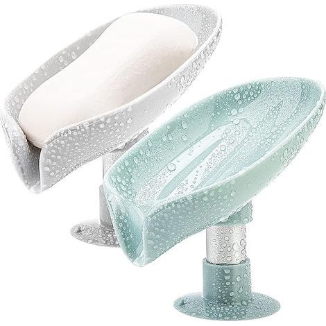 Set mit 2 blattförmigen Seifenschalen, selbstreinigend und dank Saugnäpfen leicht zu reinigen. Geeignet für Dusche, Bad und Küchenspüle (grau + grün). (1/5)