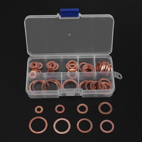 80-teiliges Set aus massivem Kupfer für Ölablassschrauben, diverse Unterlegscheiben und Metallteile, inklusive Box (1/5)