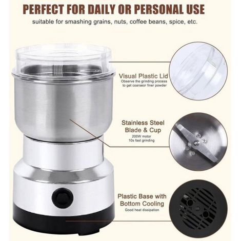 Moulin café électrique 220V – broyeur graines, épices, noix – acier inox (1/4)