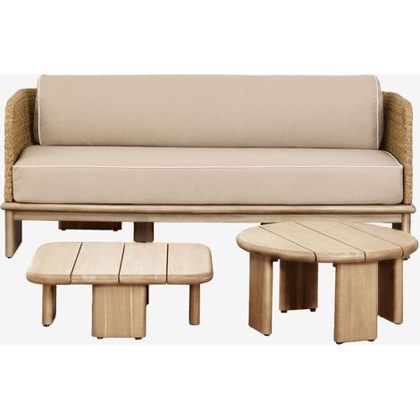 SKLUM Gartenset mit 3-Sitzer-Sofa und 2 Couchtischen aus Rattan und Akazienholz Famara Helles Akazienbraun