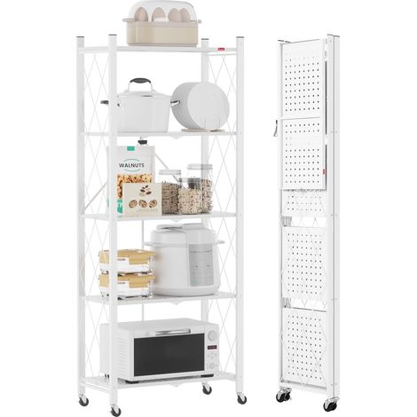 DEANIC Klappregal, 5 Regal Bücherregal, Küchenregale mit Rollen, Metallregal zur Aufbewahrung für Wohnzimmer, Speisekammer (61 x 147 x 28 cm, Weiß) (1/5)