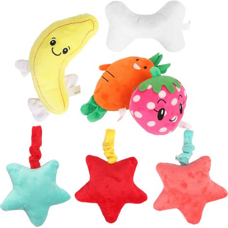 Lot de 7 jouets en peluche pour chien avec sifflet et anneau en papier à mâcher, jouets couineurs, assortiment de modèles pour le nettoyage des dents. (1/5)