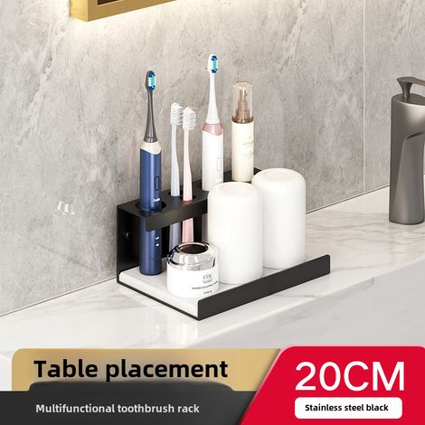 Porte-brosse à dents multifonctionnel noir, 20 cm, sans perçage, fixation murale, porte-gobelet pour brosse à dents, support pour brosse à dents électrique, gobelet pour bain de bouche (1/5)