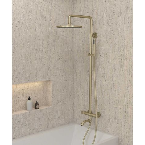Kroos – Colonne de douche thermostatique doré brossé avec sécurité anti-brûlures – Pommeau généreux pour douche pluie – Bec de remplissage baignoire (1/5)