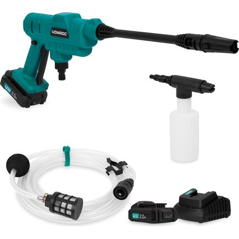 Kabelloser Akku Hochdruckreiniger 20V – 24bar – 198 l/h – Inkl. 5m Saugschlauch, Reinigungsmittelflasche, 2 Akkus und einstellbarer Sprühdüse