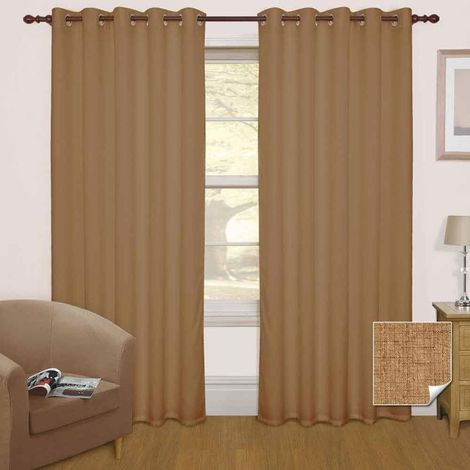 HOMESCAPES Latte Thermal Blackout Eyelet Curtain Pair, 90 x 90"