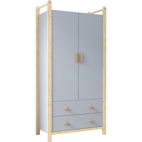 2-türiger Kleiderschrank mit Kleiderstange und 2 Schubladen, blau/Kiefer, MODENUIT (1/5)
