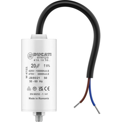 Condensateur 20 uF 450V pour moteur monophasé – Longueur 95 mm, câble 250 mm – Compatible Kärcher, pompe de piscine, porte de garage