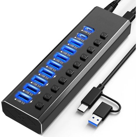 Powered Hub USB 3.2 à 10 ports USB 3.2/USB C (10 Gbps USB-A 3.2 + 2 ports USB-C 3.2 + 7 ports USB 3.0) avec interrupteurs marche/arrêt individuels et adaptateur d'alimentation 12 V en aluminium pour (1/5)
