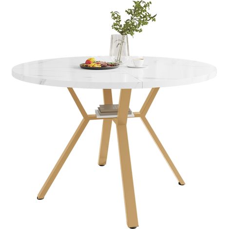 Table à manger ronde effet marbre blanc, plateau MDF, piètement métal doré en X, style moderne minimaliste pour 4 à 6 personnes - CHICFURN (1/5)