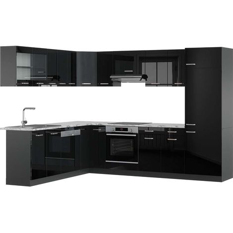 Cucina angolare completa R-Line, Nero lucido/antracite, 227 x 287 cm , PL Marmo, Vicco (1/5)