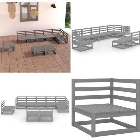 9-tlg. Garten-Lounge-Set Grau Kiefer Massivholz - Gartenmöbel - Loungesessel - Gartenloungeset - Rattan Möbel - Kiefernholzmöbel - Home & Living